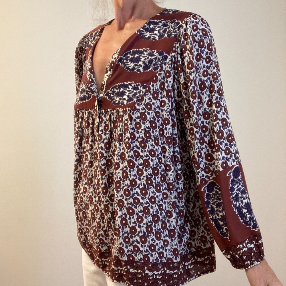 Lucky Brand Bohemian Blouse XL Blue, White & Burg